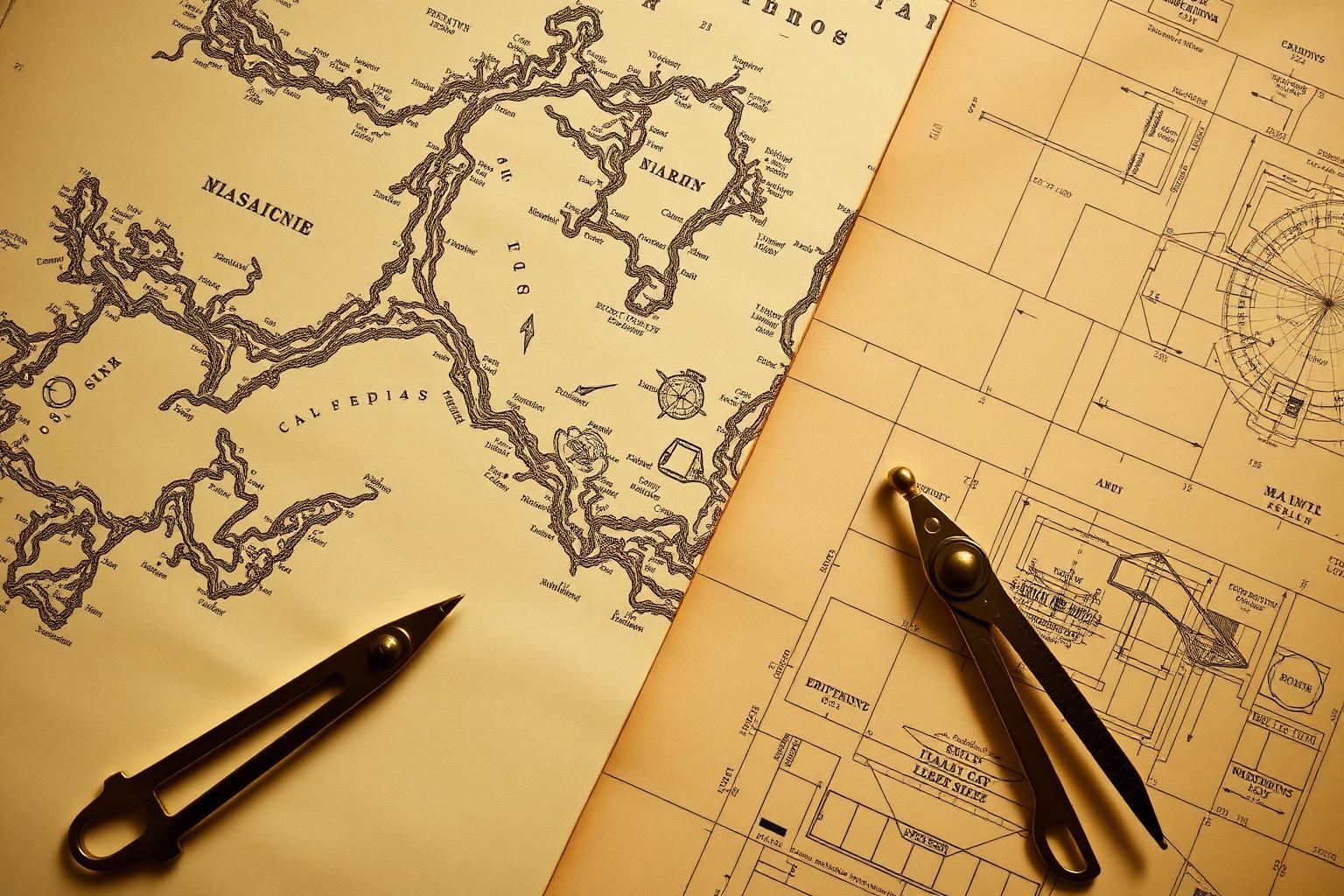 Carte geografiche e disegni tecnici con compasso in ottone